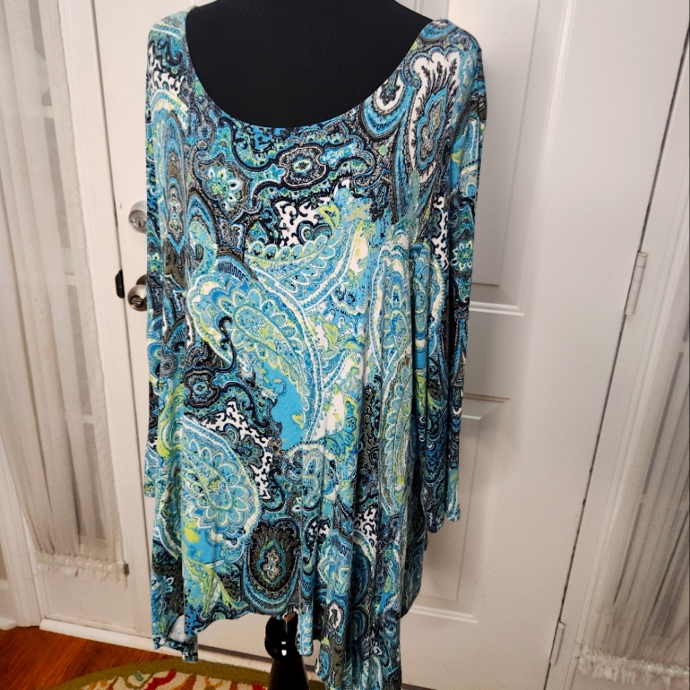 Ruby Rd. Turquoise Lime Aqua White Paisley Looong Tunic Top Size XL
